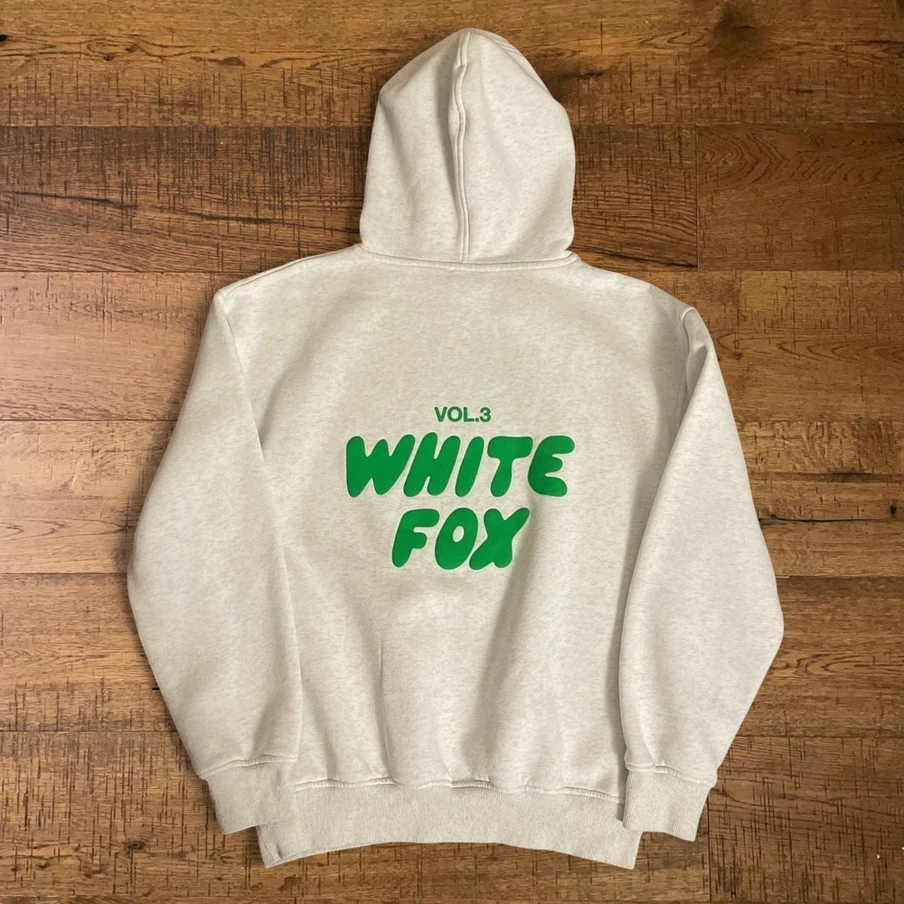 White Fox Vol. 3 Hoodie Womens S Grey Minimal Cozy Green Puff Print Logo